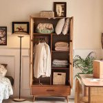 "Simplistic Ash Wood Wardrobe Closet with Soft Close Drawer, Interior Shelves, and Hanging Rod, Cherry Wood, 31"L x 21"W x 71"H"