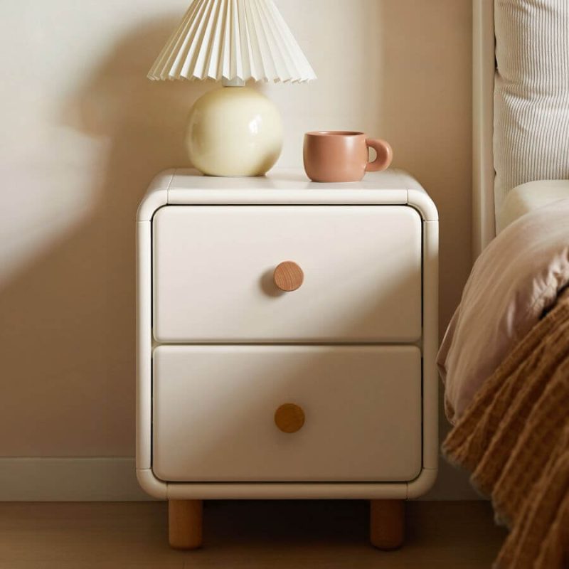 "2 Drawers Contemporary Timber Nightstand With Drawer Organization & Leg, Warm White"