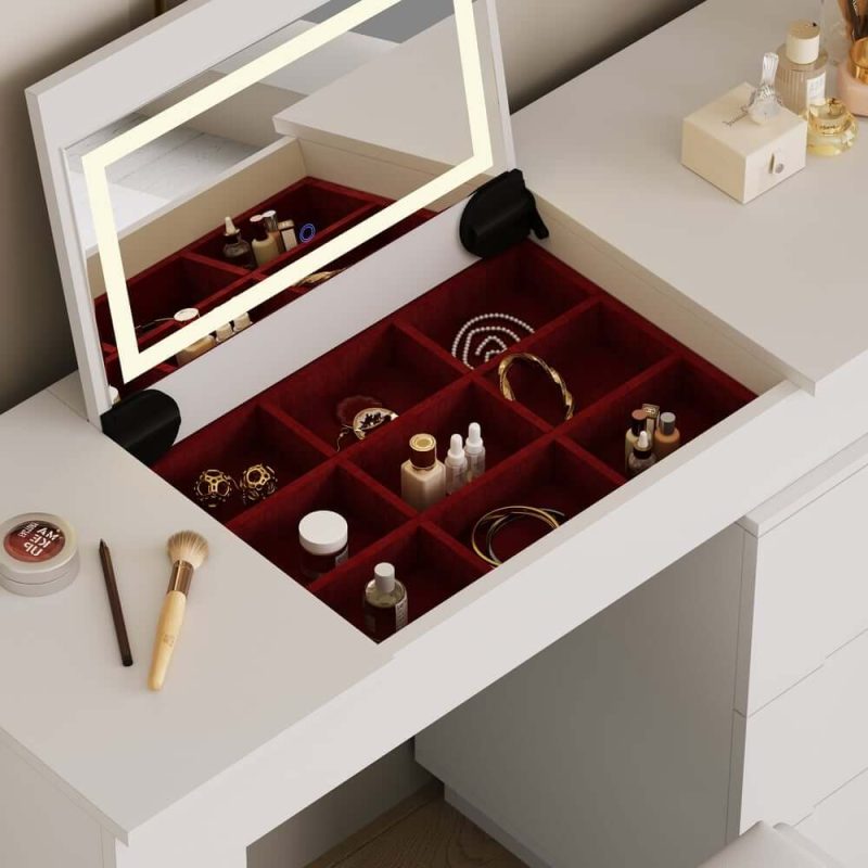 "49.2" White L-shape Makeup Vanity Set with Mirror & Stool"