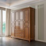 "Taupe Art Deco Ash Wood Wardrobe Armoire with 3 Drawers, Interior Shelves, and Clothing Rod, 93"L x 25"W x 86"H"