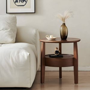 "Modern Ash Wood Round Nightstand with Shelf in Narrow Size Brown - Black 2 Piece Set Stone"