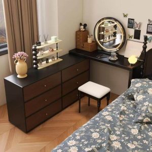 "Multi-Color Wood Large Art Deco Vanity Set, Makeup Vanity (55") & Dresser (47") & Stool"