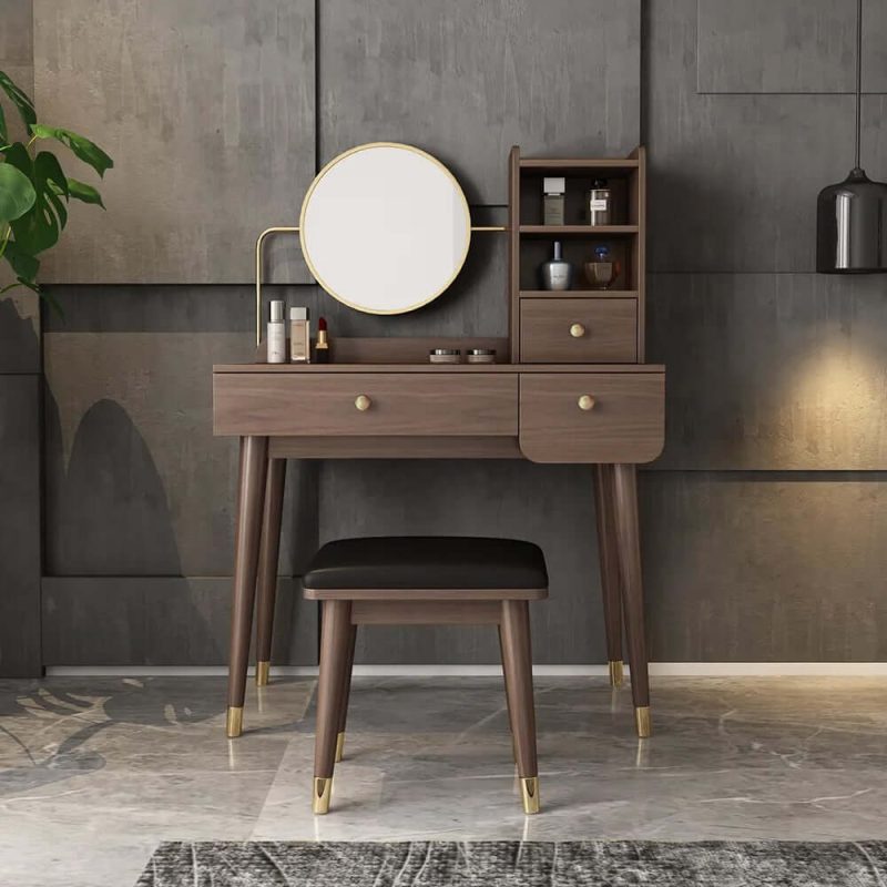 "Ultic 2 Pieces Minimalist Makeup Vanity Set in Walnut with Mirror & Stool"