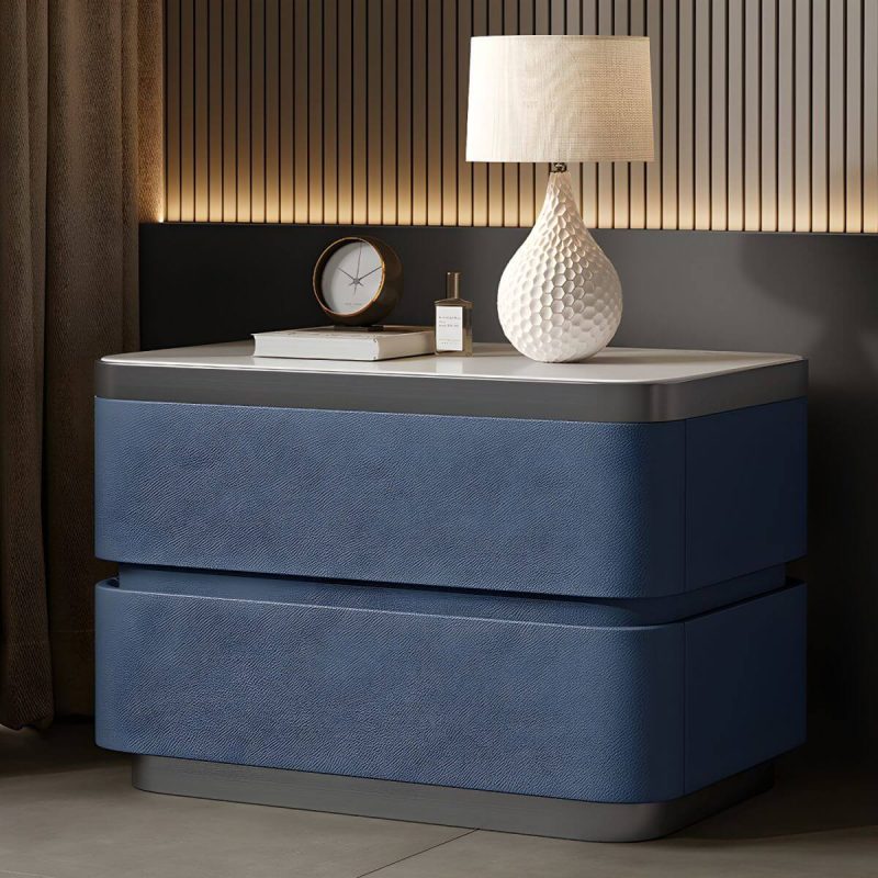 "Scandinavian Bedside Cabinet Made of Solid Wood with Two Drawers for Bedroom - Dark Blue 1 Piece"