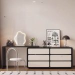 "Translucent Seating Composite Wood 2-in-1 Scalable Makeup Vanity with Push-Pull, Black/ White, Makeup Vanity (47") & Dresser (47")"