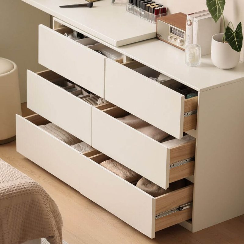 "Modish Large Makeup Vanity with Lumber Frame, 6 Drawers, Chalk Seating, Left, Makeup Vanity (47") & Dresser (47")"