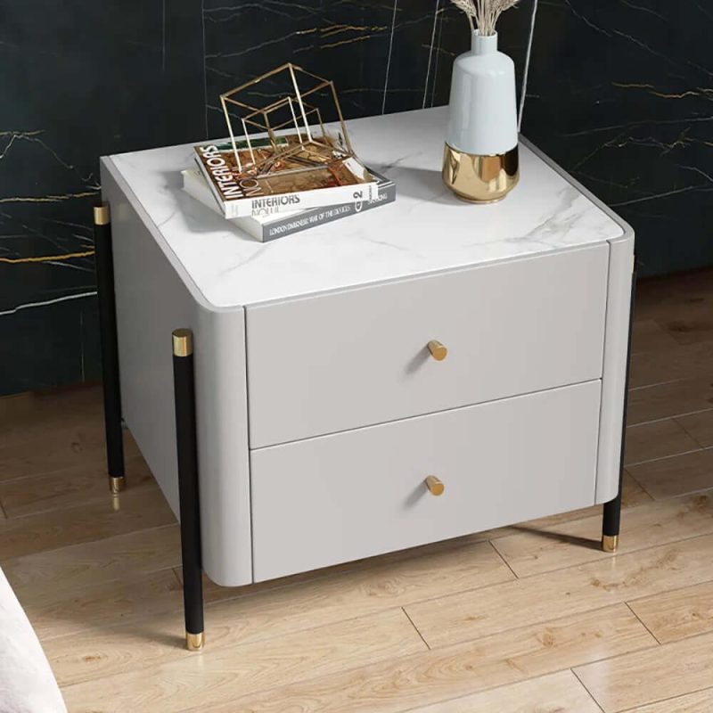 "Modern Luxury Gray Nightstand 2-Drawer Bedside Table with Sintered Stone Top"