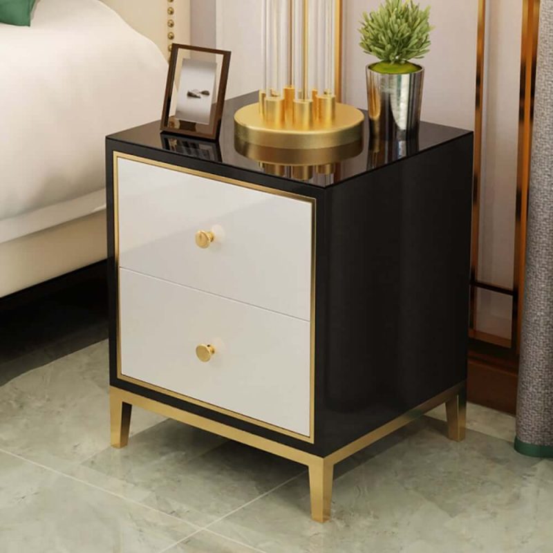 "Modern Black & White MDF Nightstand with 2 Drawers and Stainless Steel Leg"