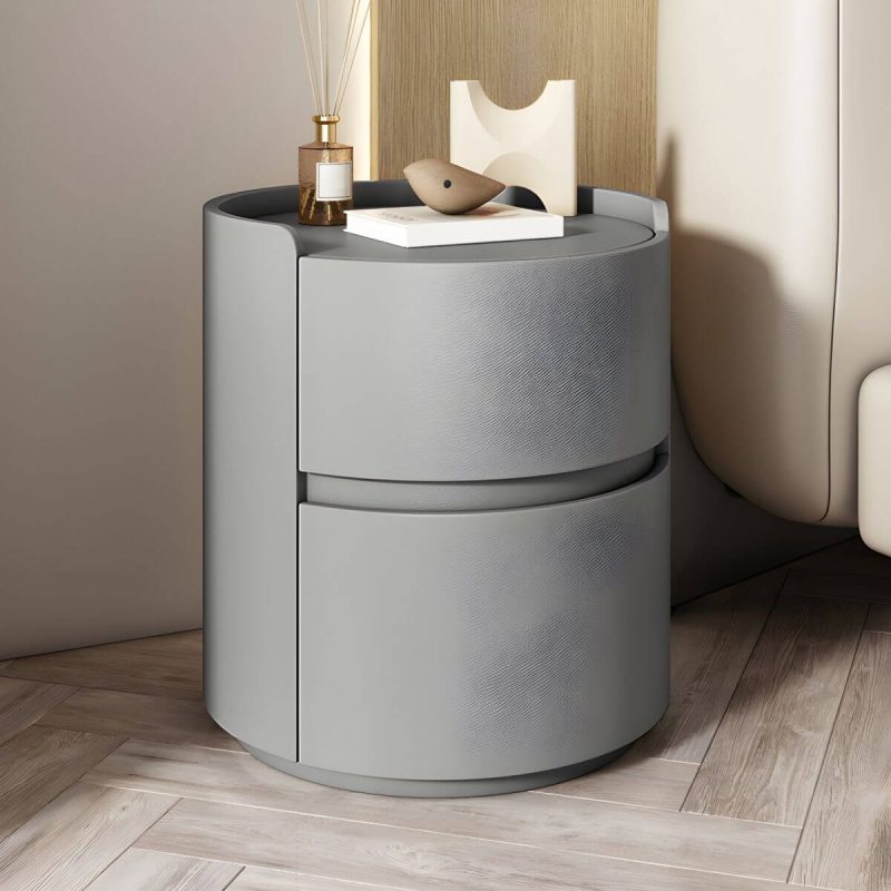 "Modern Faux Leather Round Nightstand with 2 Drawers, Light Wood Tone - Light Gray 1 Piece 18"L x 18"W x 20"H"