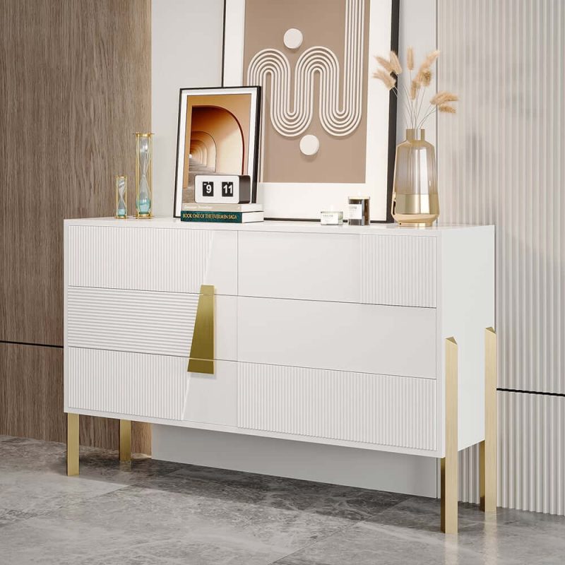 "55"W Modern White 6 Drawer Dresser Fluted Chest Storage Cabinet"