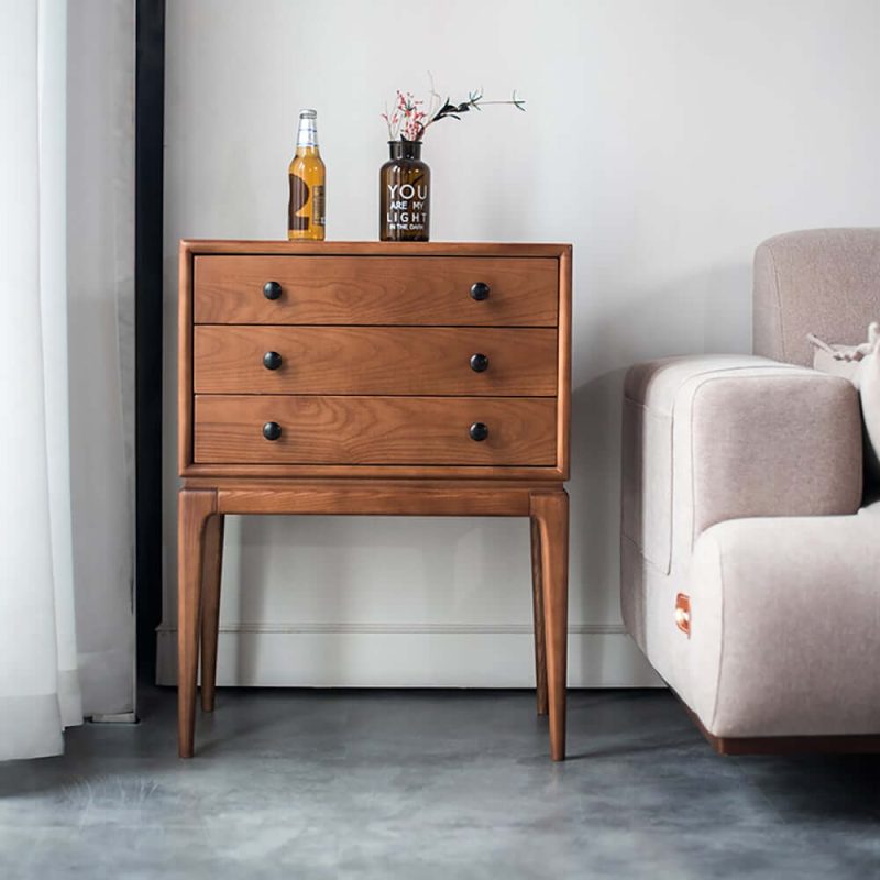"Tanic Mid Century Modern Chest Cabinet with Storage 3 Drawers of Ash Wood in Walnut"