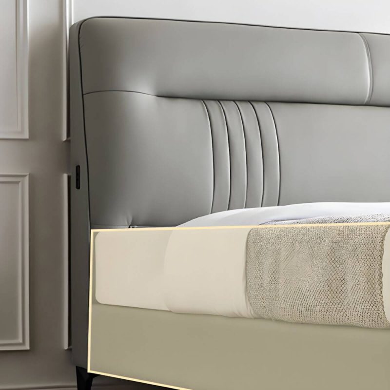 "Contemporary Standard Bed with Black Legs and Genuine Leather Panel Headboard - Grey Panel 59"W x 79"L Single Bed"