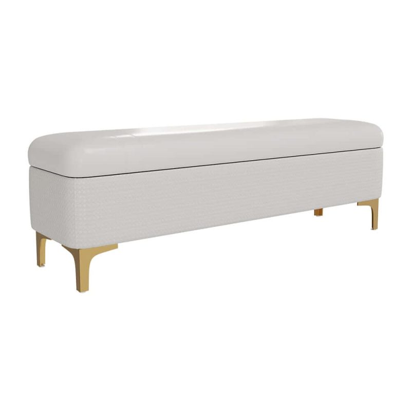 "Modern White PU Leather Bedroom Flip Top Storage Bench with Gold Stainless Steel Legs"