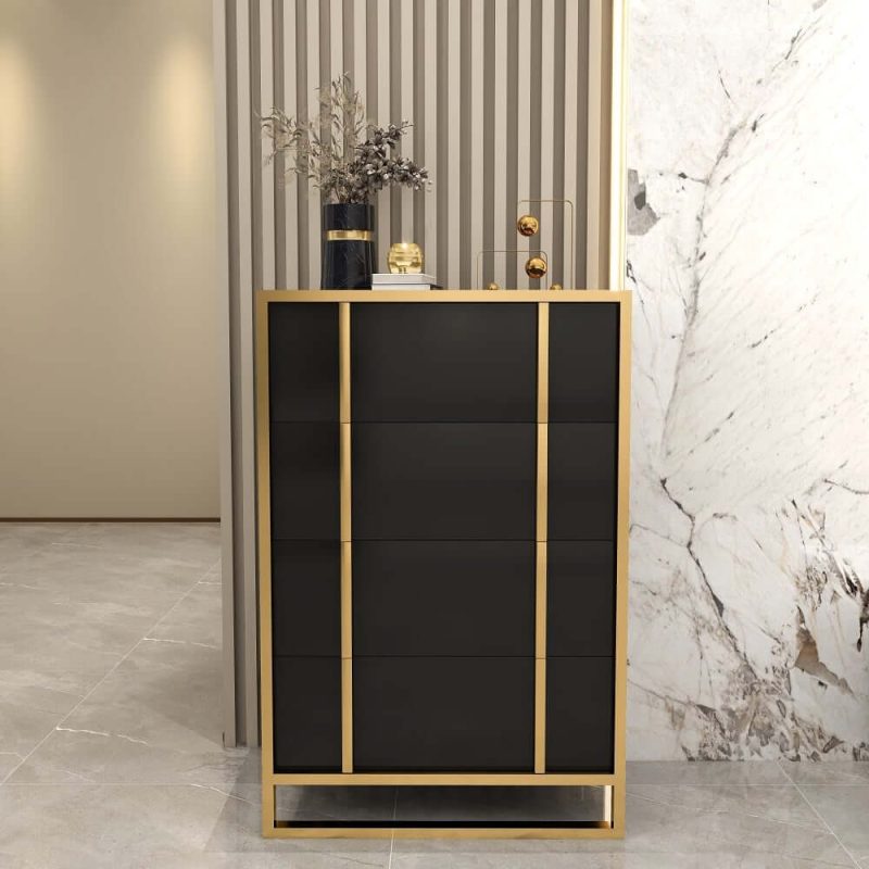 "Rimh Modern Black & Gold Wooden Chest of 4 Drawers with Stainless Steel Legs"
