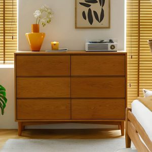 "Cherry Wood Horizontal Chest Modern Brown 6 Drawers Included for Home - Natural Finish"