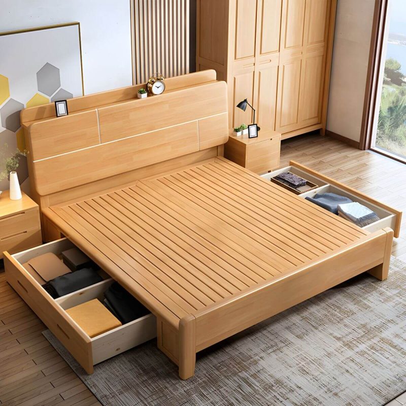 "Scandinavian Solid Wood Bed with Headboard 39.37" Tall Standard Bed - Full Pull-Out Storage Single Bed"