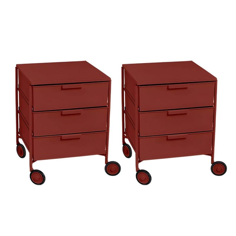 "Scandinavian Plastic Nightstand with 3 Drawers, Slim Design and Plastic Top - Red 2 Piece Set"