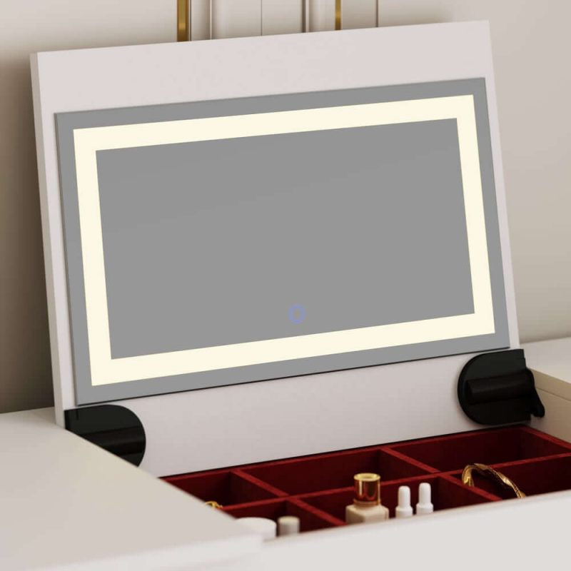"49.2" White L-shape Makeup Vanity Set with Mirror & Stool"