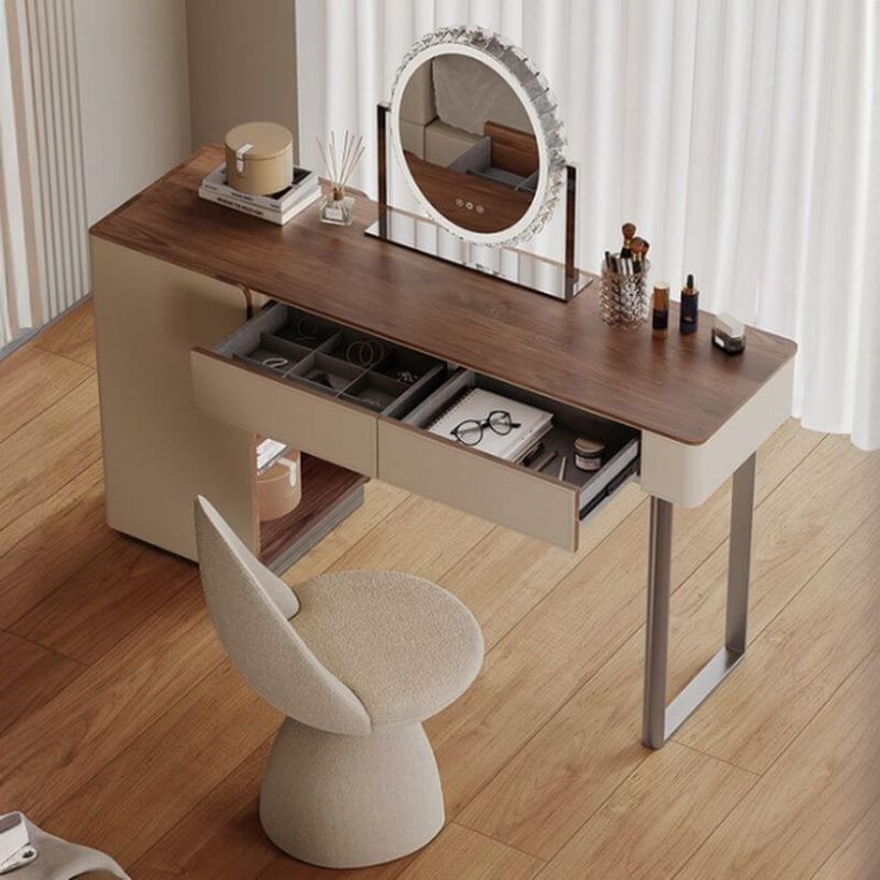 "Desk-Integrated Modish Vanity Set with Ivory Seating, Standard Size, Timber Table Top, and Chair, 43"L x 18"W x 29.5"H, Makeup Vanity & Stool"