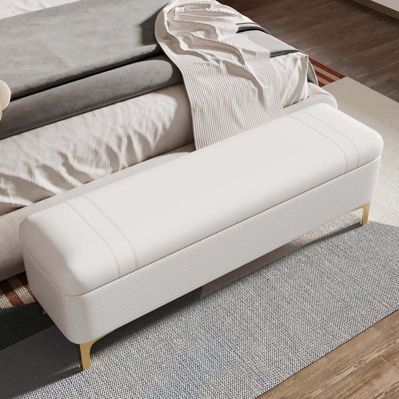 "Modern White PU Leather Bedroom Flip Top Storage Bench with Gold Stainless Steel Legs"