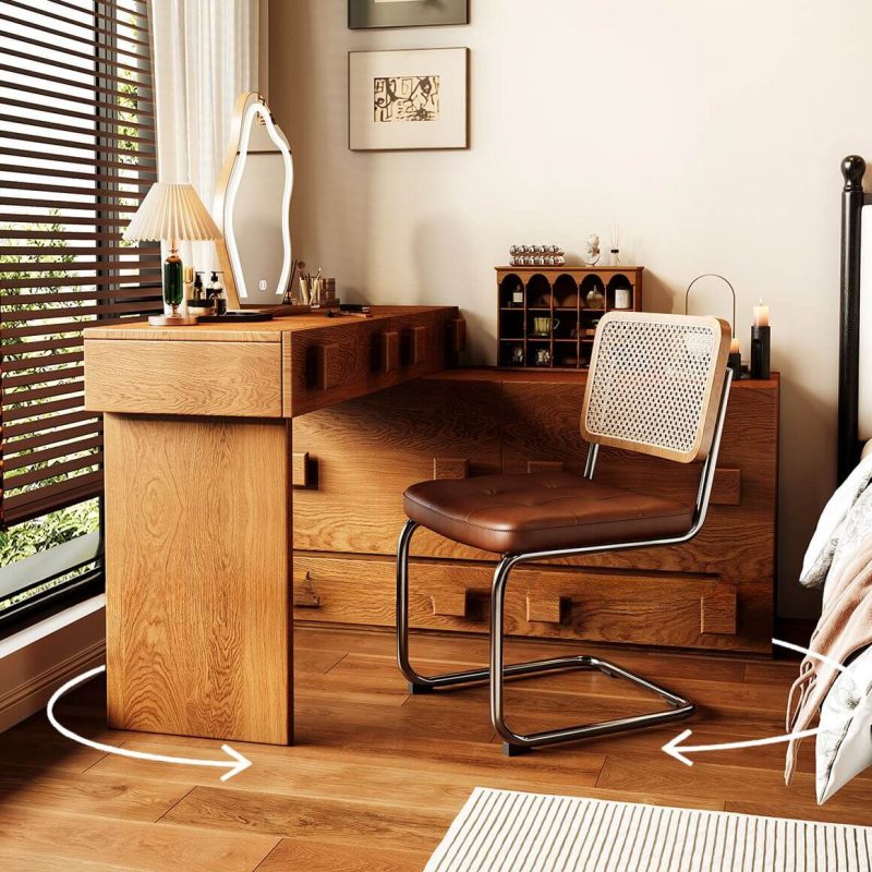 "Standard Trendy 3 Drawers Engineered Wood Vanity Set, Cocoa Non-Upholstered Chair(s) Light Up, Makeup Vanity & Mirror"