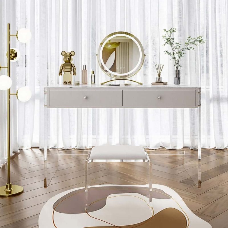 "Modern Acrylic Floating Makeup Vanity Set with LED Lighted Standing Mirror & Stool"