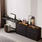 "Modern Large Vanity Set in Coal with LED Mirror, 8 Drawers and a Wood Top, Makeup Vanity (55") & Dresser (55")"