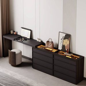 "Modern Large Vanity Set in Coal with LED Mirror, 8 Drawers and a Wood Top, Makeup Vanity (55") & Dresser (55")"