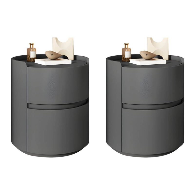 "Modern Faux Leather Round Nightstand with 2 Drawers, Light Wood Tone - Dark Gray 2 Piece Set 16"L x 16"W x 20"H"