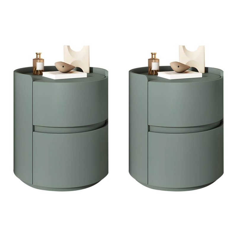 "Modern Faux Leather Round Nightstand with 2 Drawers, Light Wood Tone - Green 2 Piece Set 18"L x 18"W x 20"H"