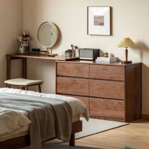 "Art Deco Large Push-Pull Vanity Set with 6 Drawers, Chalk Seat and a Wood Tabletop, Makeup Vanity & Stool"