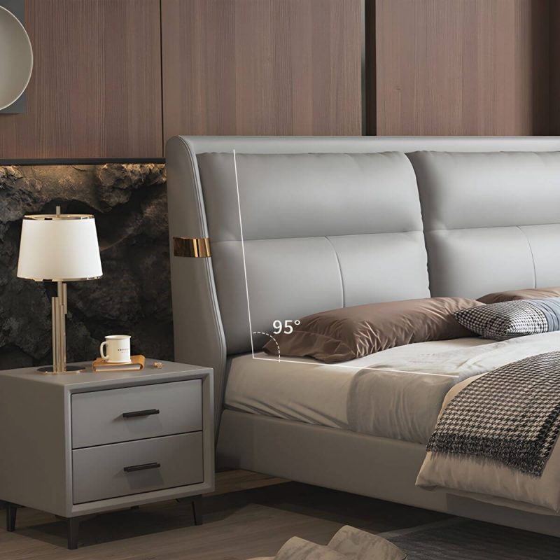 "Grey Upholstered Panel Modern Bed with Genuine Leather Headboard - 71"W x 79"L Open-Frame"