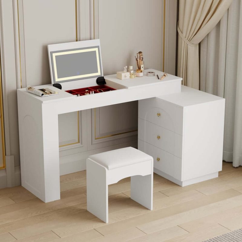 "49.2" White L-shape Makeup Vanity Set with Mirror & Stool"