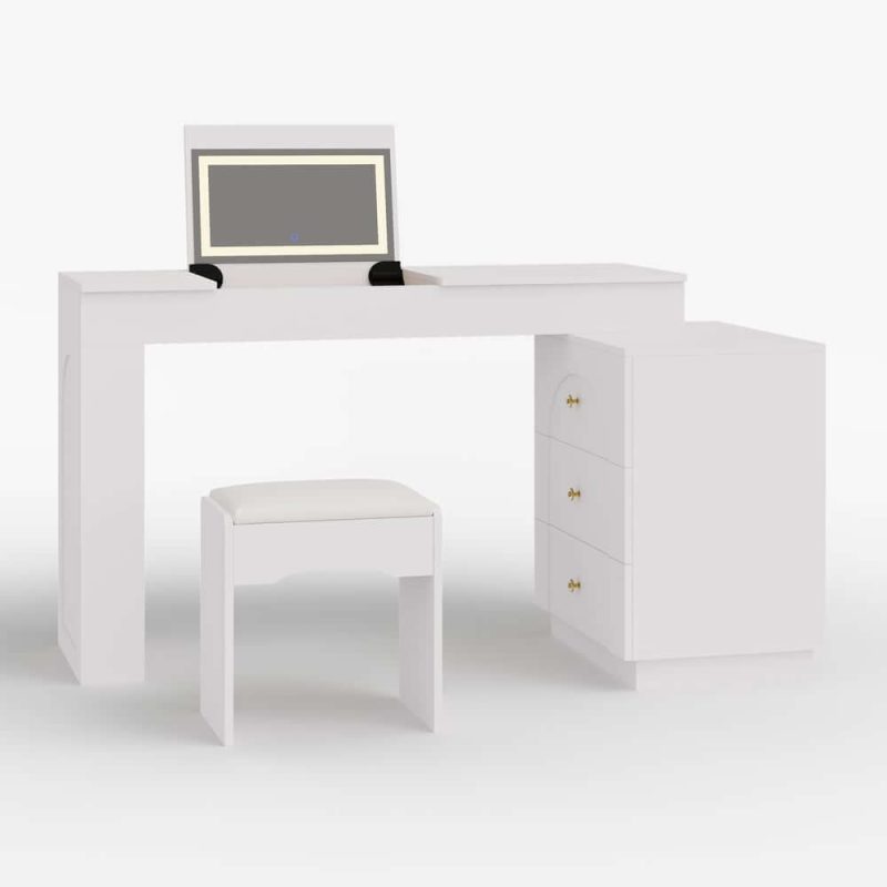 "49.2" White L-shape Makeup Vanity Set with Mirror & Stool"