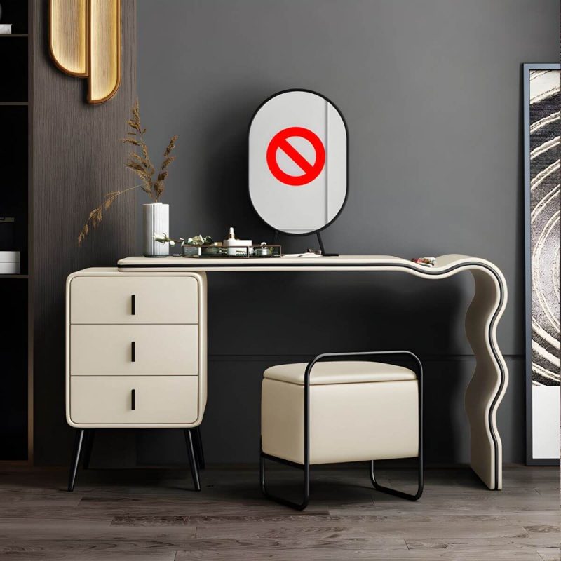 "3 Drawers Make-up Vanity Set, 28.74" H Leather Vanity with Stool & Mirror - Makeup Vanity & Stools Off-White 120 x 48 x 73 cm"