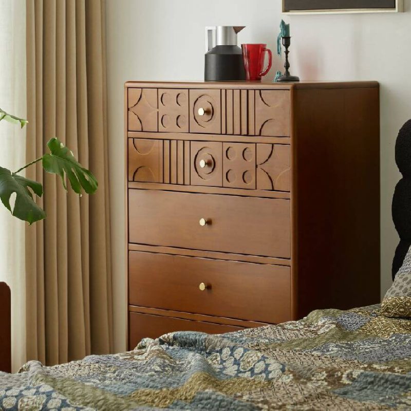 "Modern Simple Style Sepia Raw Wood Vertical Bachelor Chest with 5 Drawers"