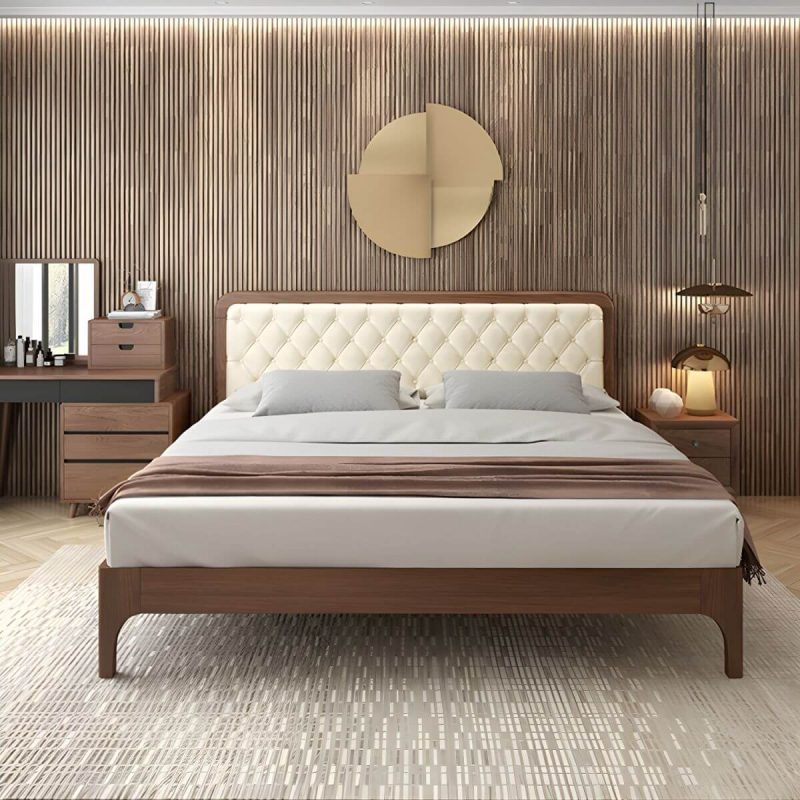 "Mid-Century Modern Upholstered Panel Bed in Genuine Leather with Tufted Headboard - White 71"W x 79"L"