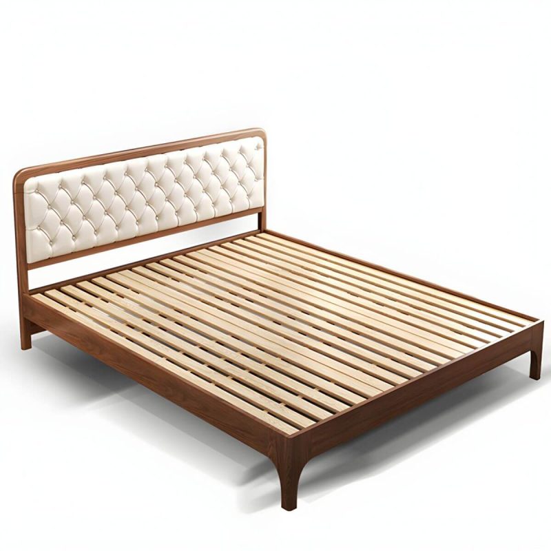 "Mid-Century Modern Upholstered Panel Bed in Genuine Leather with Tufted Headboard - Brown 59"W x 79"L"