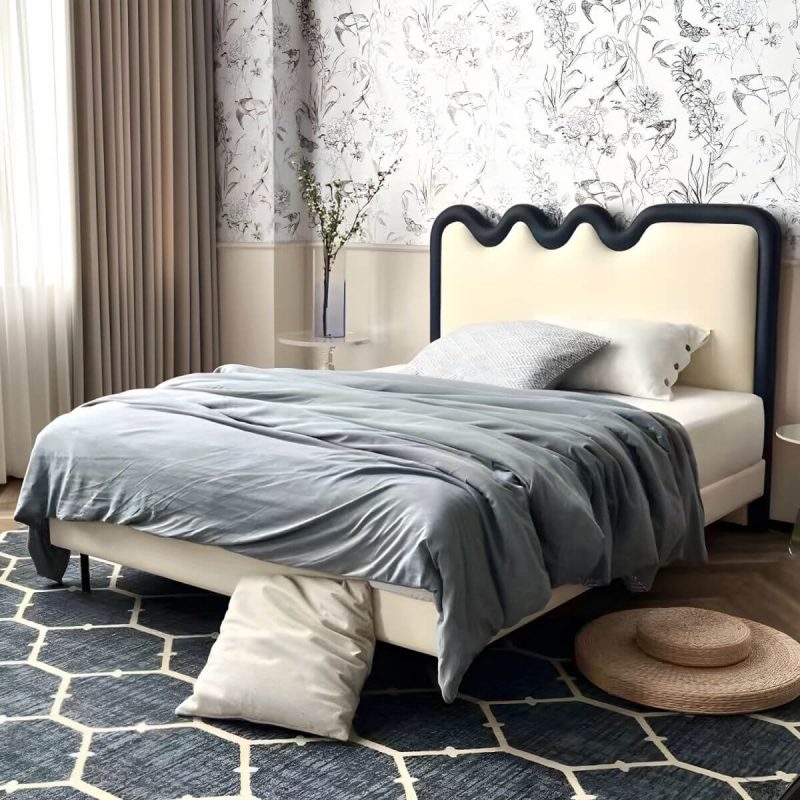 "White Upholstered Panel Headboard with Wood Legs - Modern Design - 79""