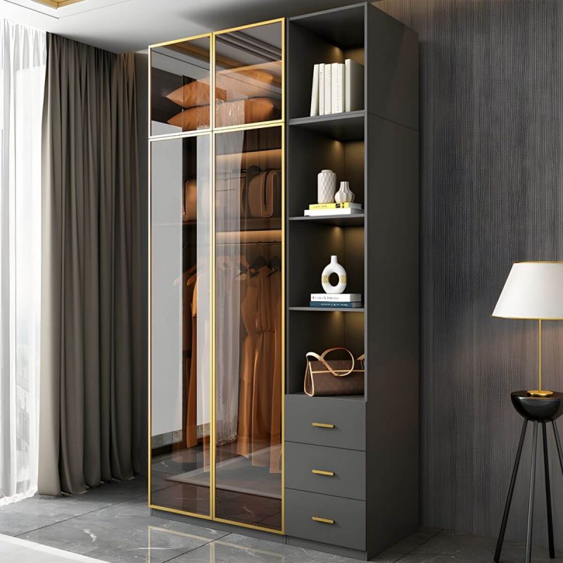 "Modern Glass Wardrobe Wardrobe Armoire Wardrobe Cabinet for Home - Armoire with Top Cabinet 31.5"L x 23.5"W x 83"H"