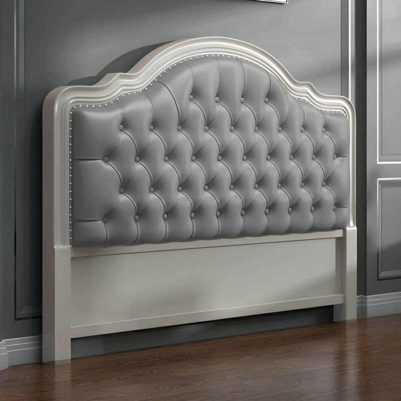 "Light Wood Oak Panel Headboard with Upholstered Leather and Nailhead Trim - Modern Style - 71" Beige/ Gray"