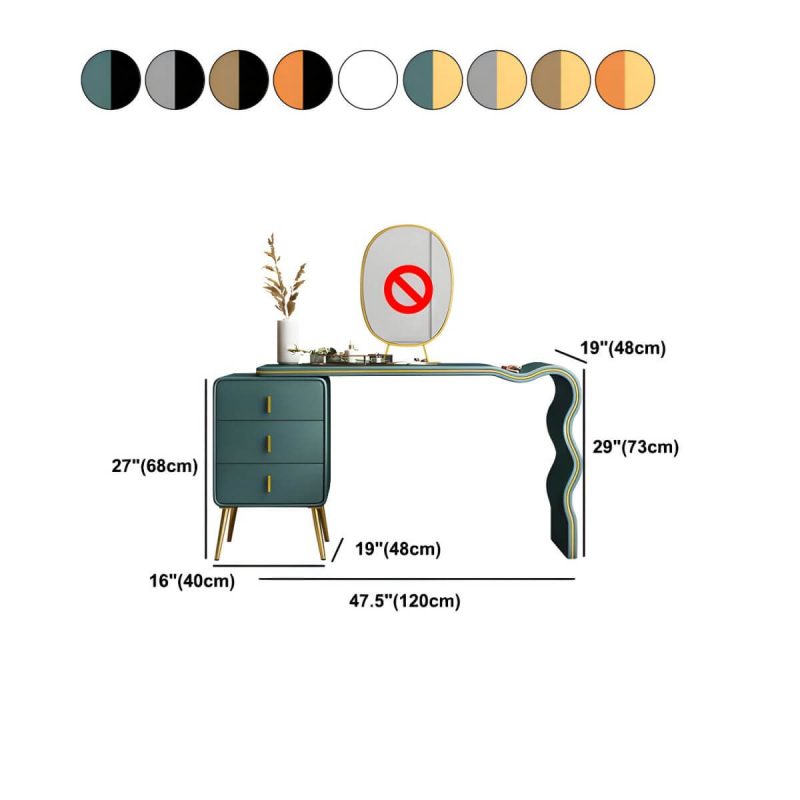 "Dimension of 3 Drawers Make-up Vanity Set, 28.74" H Leather Vanity with Stool & Mirror - 120 x 48 x 73 cm Makeup Vanity & Stools Orange/ Gold"