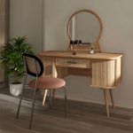 "Ash Wood Rectangle Dressing Table with Rattan Chairs and Drawers - Natural Finish"