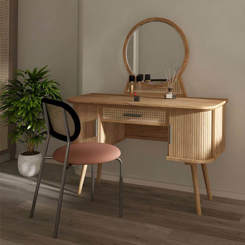 "Ash Wood Rectangle Dressing Table with Rattan Chairs and Drawers - Natural Finish"