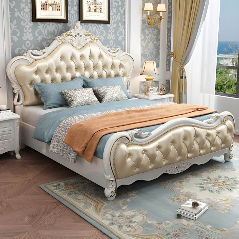 "Beige Upholstered Tufted Standard Bed Genuine Leather Low Bed Frame with Storage - Panel Bed & Mattress Latex 8""