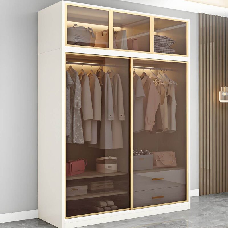 "Modern White Wood Frame Wardrobe Freestanding Wardrobe with Sliding Glass Doors - Armoire 94"L x 22"W x 79"H"