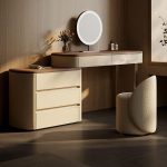 "Multi-Purpose Scalable Vanity Set with Standard Length Lumber Table in Art Deco Style, Natural, Makeup Vanity (31") & Dresser (24") & Mirror"
