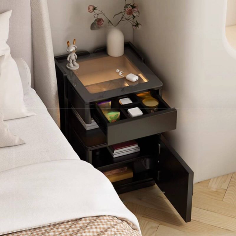 "Ink Contemporary Nightstand with 1 Drawer, 1 Cabinet, Right Orientation, Vitreous Countertop, and Lighting System, 12"L x 16"W x 22"H"