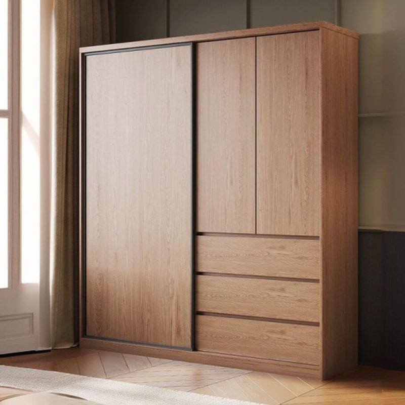 "Casual Auburn Natural Wood Wardrobe Closet with 6 Drawers, Interior Shelves, and Hanging Rod, 94"L x 24"W x 94"H"