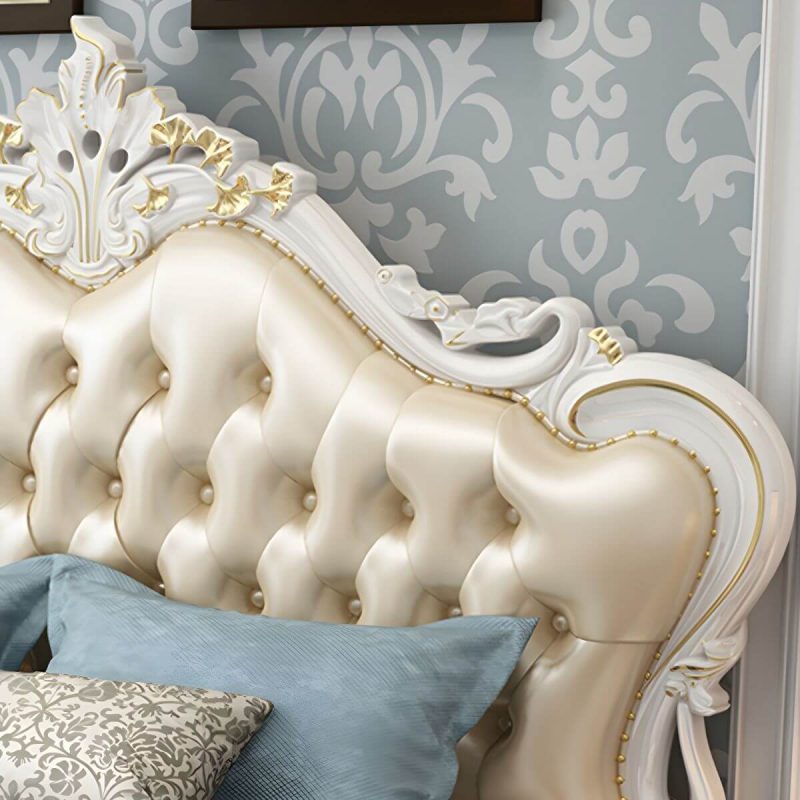 "Beige Upholstered Tufted Standard Bed Genuine Leather Low Bed Frame with Storage - Panel Single Bed Unavailable Unavailable"